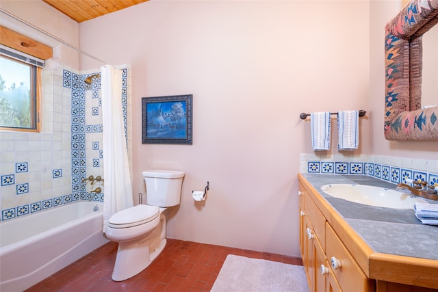 full bathroom featuring vanity, toilet, shower / bathtub combination with curtain, and wooden ceiling