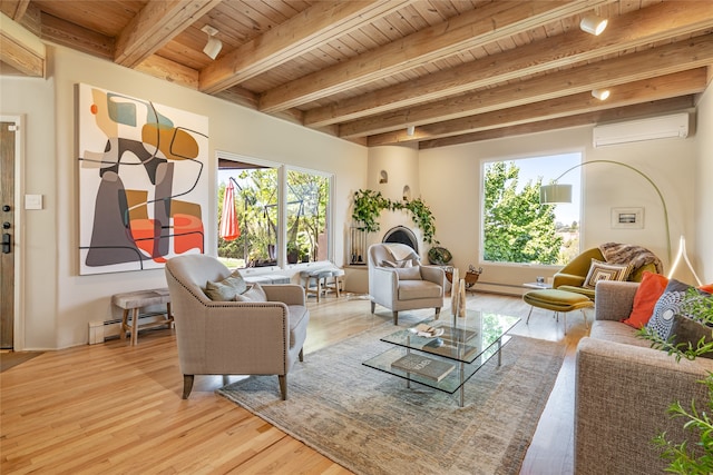 living room featuring beamed ceiling, a healthy amount of sunlight, wood ceiling, and a wall mounted AC