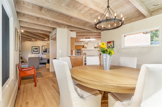 dining room featuring baseboard heating, beamed ceiling, wood ceiling, and light wood-type flooring