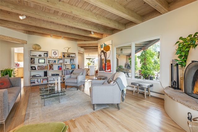 living room featuring beam ceiling, wood ceiling, a baseboard radiator, and light hardwood / wood-style flooring