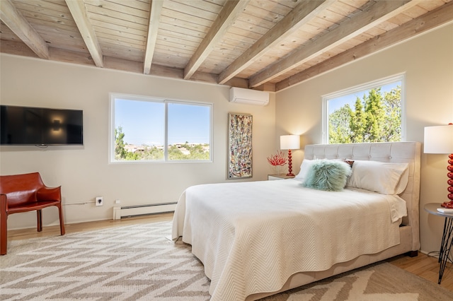 bedroom featuring wooden ceiling, light wood-type flooring, a baseboard radiator, beam ceiling, and a wall unit AC