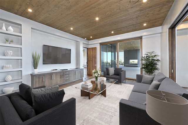 living room featuring light wood-type flooring, built in features, and wood ceiling