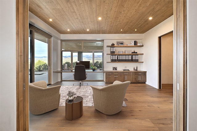 living room with light wood-type flooring and wooden ceiling