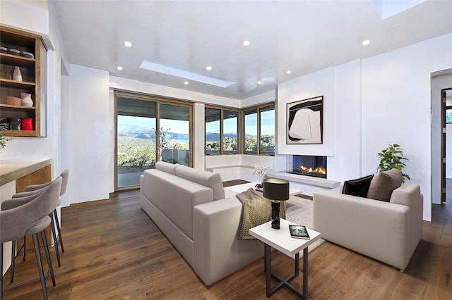 living room featuring a mountain view, a skylight, dark wood-type flooring, and a tray ceiling