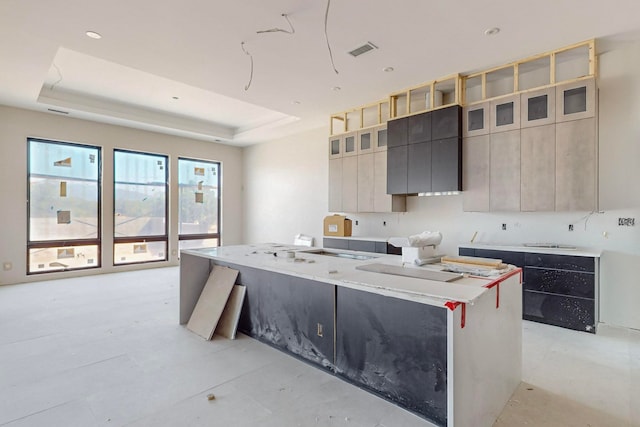 kitchen featuring a large island and a tray ceiling