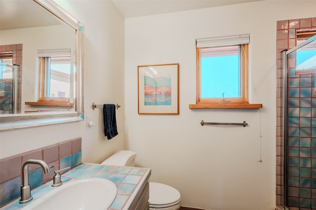 bathroom with a shower with door, vanity, and toilet