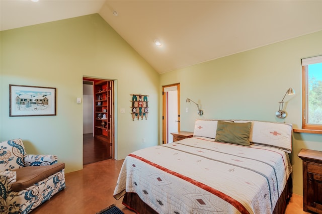 bedroom featuring high vaulted ceiling