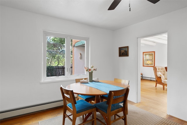 dining room featuring light hardwood / wood-style flooring, ceiling fan, and baseboard heating