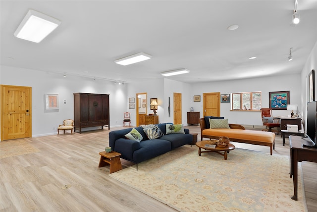 living room featuring track lighting and light hardwood / wood-style flooring