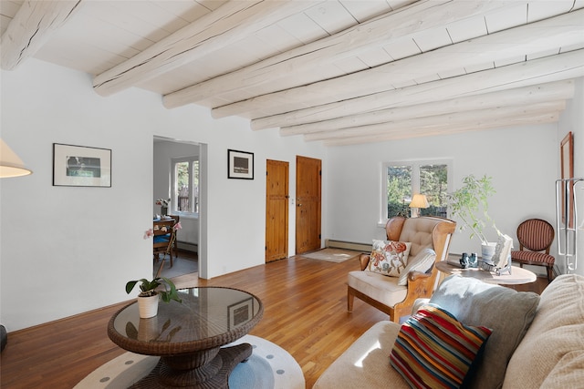 living room with wood ceiling, baseboard heating, beamed ceiling, and hardwood / wood-style floors