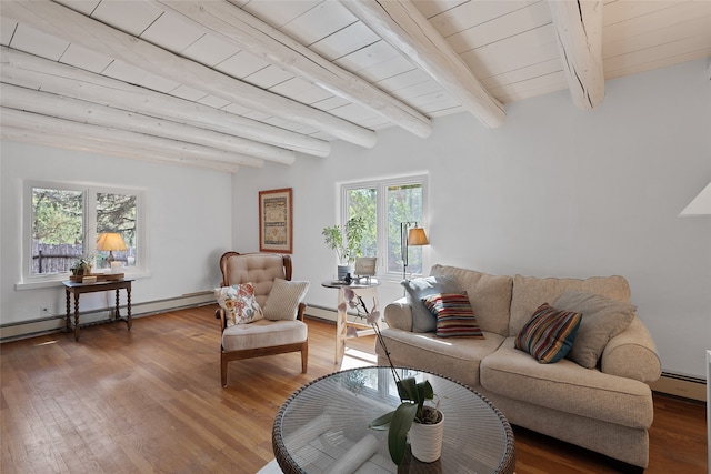 living room with wood-type flooring, beamed ceiling, and a healthy amount of sunlight