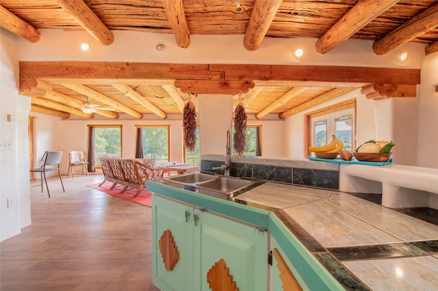 kitchen featuring wood-type flooring, wood ceiling, and beam ceiling