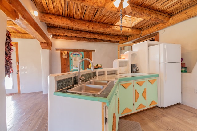 kitchen with wood ceiling, light wood-type flooring, kitchen peninsula, and sink