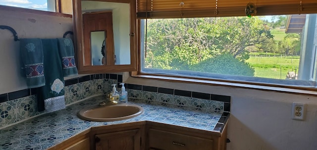 bathroom with decorative backsplash, vanity, and plenty of natural light