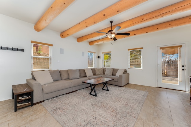 living room featuring ceiling fan, beam ceiling, and light tile patterned flooring