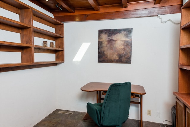 office area featuring wood ceiling and beamed ceiling