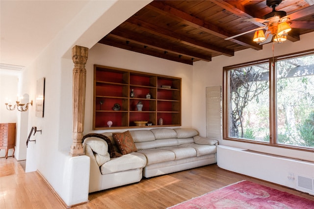 living room with wood ceiling, beam ceiling, ceiling fan, and light hardwood / wood-style flooring