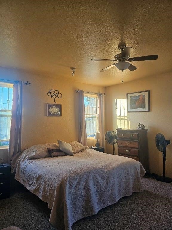 carpeted bedroom with a textured ceiling and ceiling fan