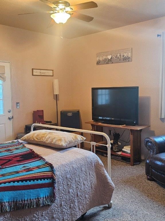 bedroom featuring ceiling fan and carpet floors