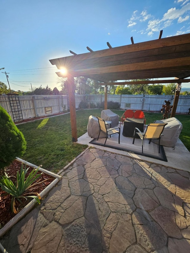 view of patio with a pergola and an outdoor hangout area