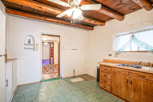 kitchen with beamed ceiling, ceiling fan, wooden ceiling, light hardwood / wood-style flooring, and sink