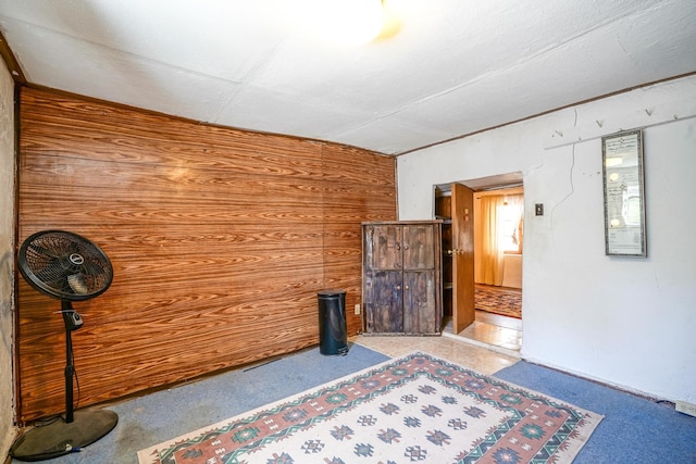 interior space with wood walls and vaulted ceiling