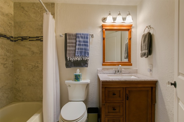 full bathroom with shower / bath combo, vanity, and toilet