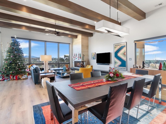 dining room with beam ceiling, ceiling fan, light hardwood / wood-style flooring, and a healthy amount of sunlight