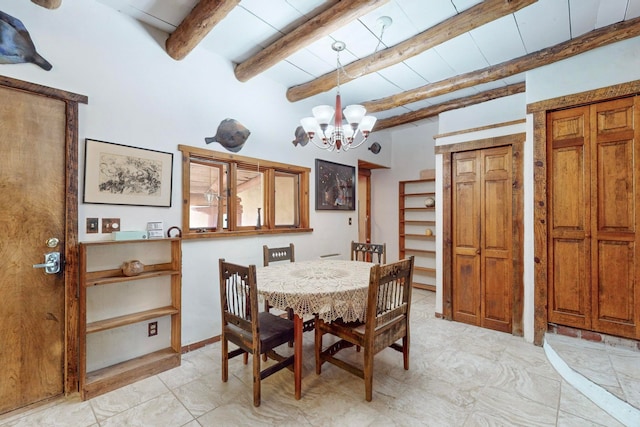 dining room with beamed ceiling and a chandelier