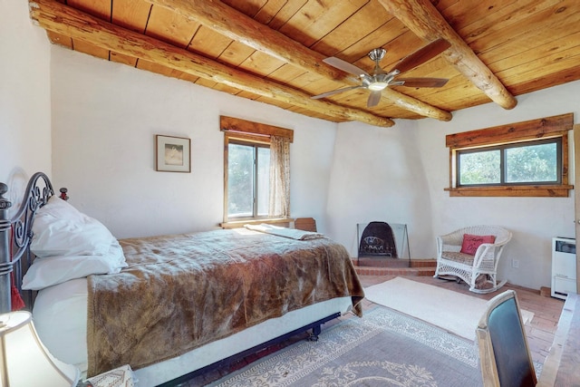 bedroom with wood ceiling, beam ceiling, hardwood / wood-style flooring, and ceiling fan