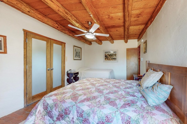 bedroom with ceiling fan, french doors, beam ceiling, and wooden ceiling