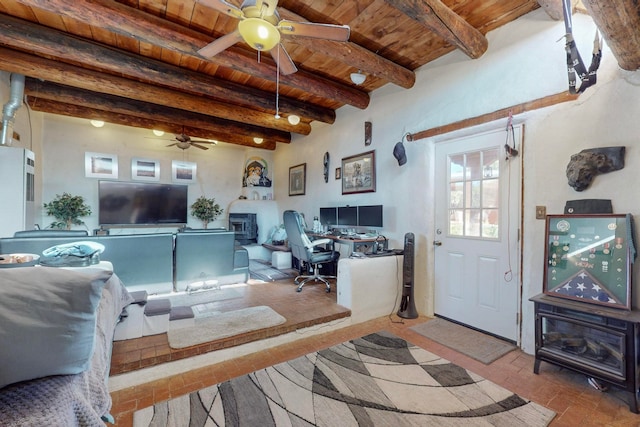 living room featuring ceiling fan, beam ceiling, and wooden ceiling