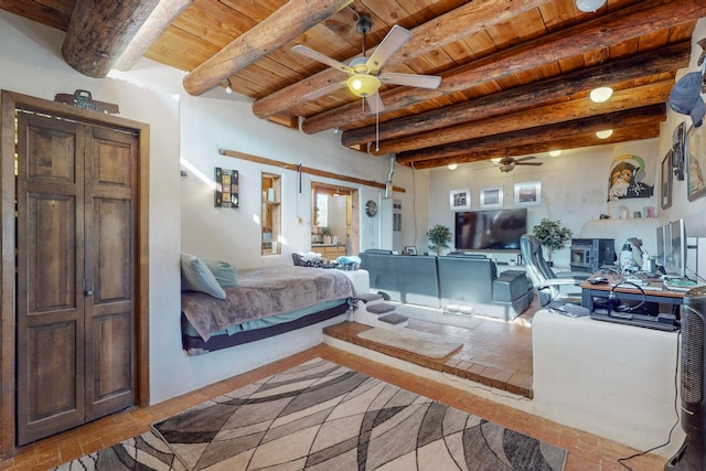 bedroom with wood ceiling and beamed ceiling