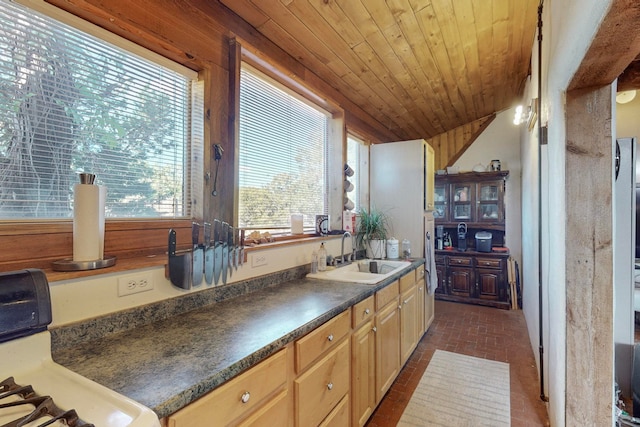 kitchen featuring white range with gas stovetop, plenty of natural light, light brown cabinets, and sink