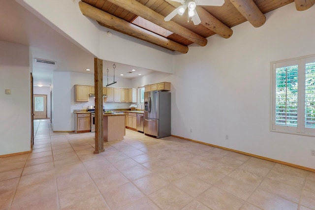 kitchen featuring beamed ceiling, a center island, wood ceiling, sink, and appliances with stainless steel finishes