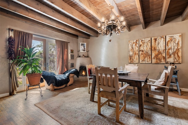 dining area featuring an inviting chandelier, wood ceiling, beam ceiling, and hardwood / wood-style flooring