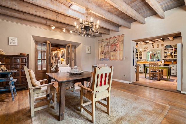 dining room with wood-type flooring, wood ceiling, and beam ceiling