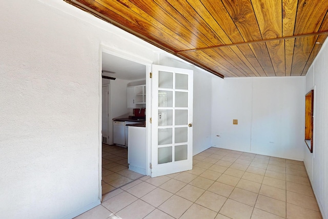 tiled empty room with wood ceiling