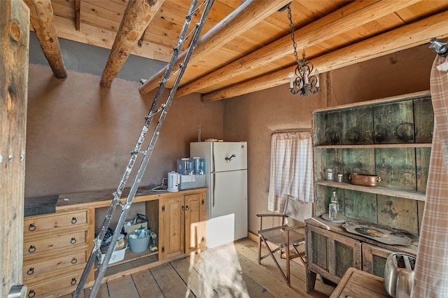 kitchen with light wood-type flooring, decorative light fixtures, wooden ceiling, beamed ceiling, and white fridge