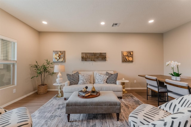 living room with dark hardwood / wood-style flooring