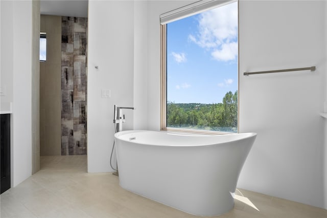 bathroom with tile patterned flooring and plus walk in shower