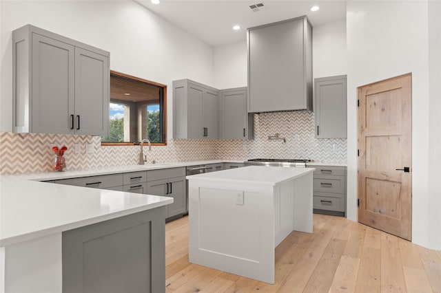 kitchen with gray cabinets, sink, and light hardwood / wood-style floors