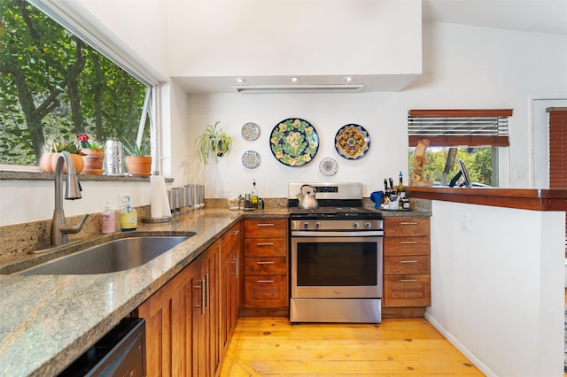 kitchen with lofted ceiling, sink, appliances with stainless steel finishes, and light hardwood / wood-style flooring