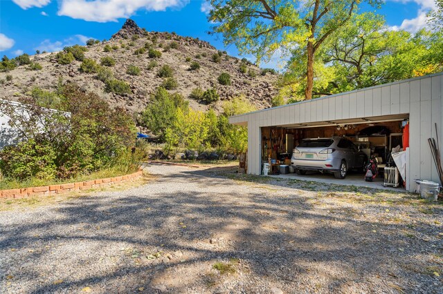 garage with a mountain view