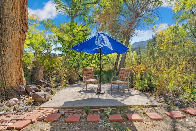 view of patio / terrace with a mountain view