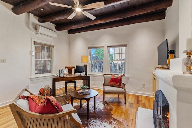 interior space featuring beam ceiling, a wall mounted air conditioner, wood ceiling, and wood-type flooring