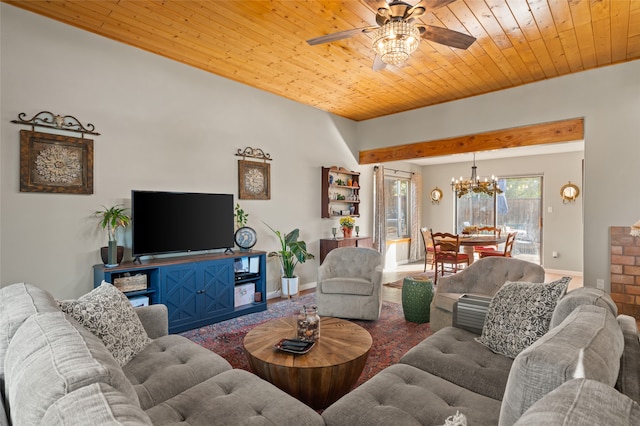 living room with wooden ceiling and ceiling fan with notable chandelier