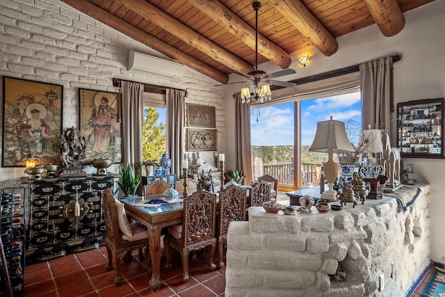 unfurnished dining area with dark tile patterned floors, lofted ceiling with beams, a wall unit AC, and wooden ceiling