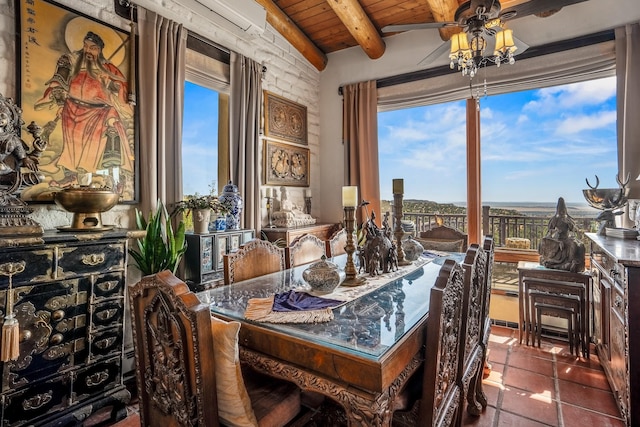 dining space featuring wood ceiling, ceiling fan, tile patterned floors, and beamed ceiling