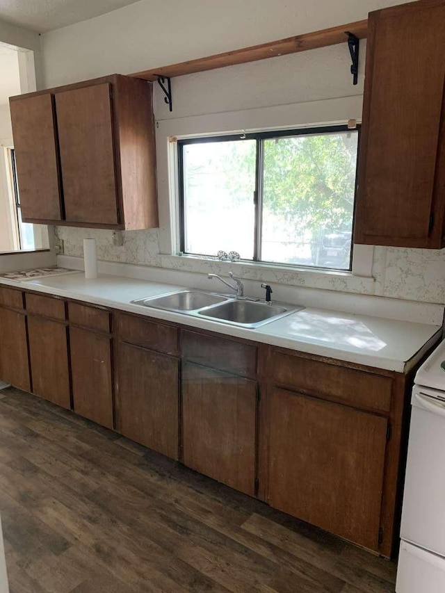 kitchen with electric stove, sink, and dark hardwood / wood-style flooring